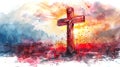 Watercolor art of wooden cross against blue sky background. Concept of rebirth, Easter celebration, resurrection, peace Royalty Free Stock Photo