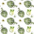 Watercolor artichoke fennel vegetable isolated seamless pattern. Royalty Free Stock Photo