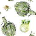 Watercolor artichoke fennel vegetable isolated seamless pattern. Royalty Free Stock Photo