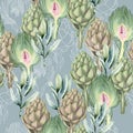 Watercolor artichoke and leaves seamless pattern Royalty Free Stock Photo