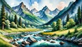 Watercolor artist expression landscape mountain river water flow scene Royalty Free Stock Photo