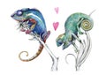 Watercolor artistic chameleons in love Royalty Free Stock Photo