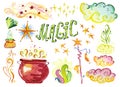 Watercolor artistic collection of magic hand drawn elements design isolated