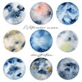 Watercolor artistic full moons collection hand painted isolated illustration on white background Royalty Free Stock Photo