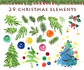 Watercolor artistic hand drawn christmas elements set isolated on white background. Royalty Free Stock Photo