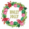 Watercolor artistic hand drawn christmas fir tree wreath decorated with balls & holly berry element & congratulation Royalty Free Stock Photo