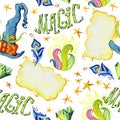 Watercolor artistic hand drawn seamless pattern with set of magic elements on white background.