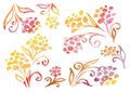 Watercolor Set of Floral Flower elements in the style of line art on a white background. autumn yellow, brown, red and Royalty Free Stock Photo