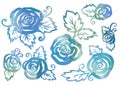 Watercolor Set of Floral elements in the style of line art on a white background. blue, green and turquoise rose and Royalty Free Stock Photo