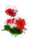 Watercolor artistic wine glass, rose flower with aquarel splash and stroke Royalty Free Stock Photo