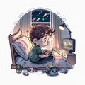 watercolor artwork boy playing video games night Generative AI Royalty Free Stock Photo