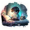 watercolor artwork boy playing video games night Generative AI Royalty Free Stock Photo