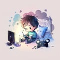 watercolor artwork boy playing video games night Generative AI Royalty Free Stock Photo