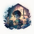 watercolor artwork boy playing video games night Generative AI Royalty Free Stock Photo