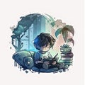 watercolor artwork boy playing video games night Generative AI Royalty Free Stock Photo