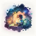 watercolor artwork boy playing video games night Generative AI Royalty Free Stock Photo