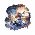 watercolor artwork boy playing video games night Generative AI Royalty Free Stock Photo