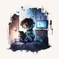 watercolor artwork boy playing video games night Generative AI Royalty Free Stock Photo