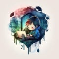 watercolor artwork boy playing video games night Generative AI Royalty Free Stock Photo