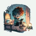 watercolor artwork boy playing video games night Generative AI Royalty Free Stock Photo