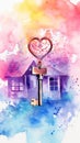 Watercolor artwork of a cottage with a key. Concept of home ownership, property security, and artistic real estate Royalty Free Stock Photo