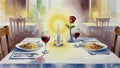 Background shows other tables similarly set, enhancing the cozy and intim Royalty Free Stock Photo