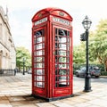 Watercolor artwork featuring a red telephone booth in a picturesque urban street setting