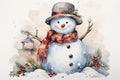 watercolor artwork Frosty Snowman comes to life amidst falling snowflakes, showcasing holiday magic