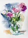 Watercolor artwork of pink flowers in a glass vase