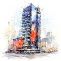 Watercolor artwork showcases Art Nouveau style skyscrapers, a fusion of design and creativity.