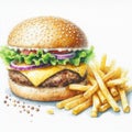 Savory Burger Delight: Fast-Food Indulgence in Watercolor Art