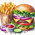 Savory Burger Delight: Fast-Food Indulgence in Watercolor Art