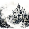 Watercolor artwork showcasing a castle nestled in nature, creating a captivating landscape