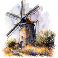 A watercolor artwork of a windmill in a natural landscape