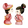 Watercolor asian bride and groom traditional statues in red dresses. Hand drawn chinese, korean wedding couple for invitation, cad