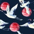 Watercolor asian crane bird seamless pattern