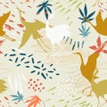 Watercolor asian crane bird seamless pattern