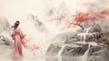 Watercolor asian girl and landscape illustration. East concept design. Neural network AI generated