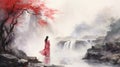 Watercolor asian girl and landscape illustration. East concept design. Neural network AI generated