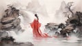 Watercolor asian girl and landscape illustration. East concept design. Neural network AI generated