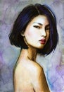 Watercolor portrait of asian young woman. Hand drawn portrait of beauty girl. fashion illustration of modern style Royalty Free Stock Photo