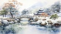 Watercolor Asian Landscape Painting: Winter In A Mountain With Pagoda And Bridge