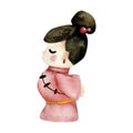 Watercolor Asian style bride illustration. Mini wooden toy of girl in traditional korean red dress. Chinese valentines day qixi