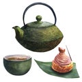 Watercolor asian tea set with dack green teapot, green cup of tea and Japan cupcakes with cherry, sweet chocolate Royalty Free Stock Photo