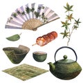 Watercolor asian tea set with dack green teapot, green cup of tea, dongo and Japan fan, isolate on white background. Tea