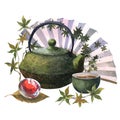 Watercolor asian tea set with dack green teapot, green cup of tea, jelly cherry on leaves of sakura and Japan fan Royalty Free Stock Photo