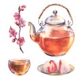 Watercolor asian tea set with transporant teapot, cup of tea, Japan daifuku and sakura branch isolate on white