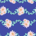 Watercolor aster flower garland light pink gold teal on blue seamless pattern