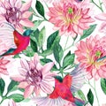 Watercolor asters and birds seamless pattern Royalty Free Stock Photo