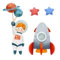 Watercolor astronaut children. Kids astronauts funny rocket cartoon set illustration vector